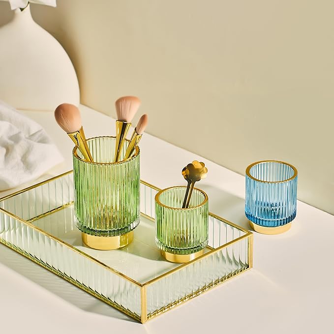 Makeup Brush Organizer, Toothbrush Holder, Desk Pen Pencil Holder, Multifunctional Vintage Glass Brush Cup (S/Blue/A3-13-US)