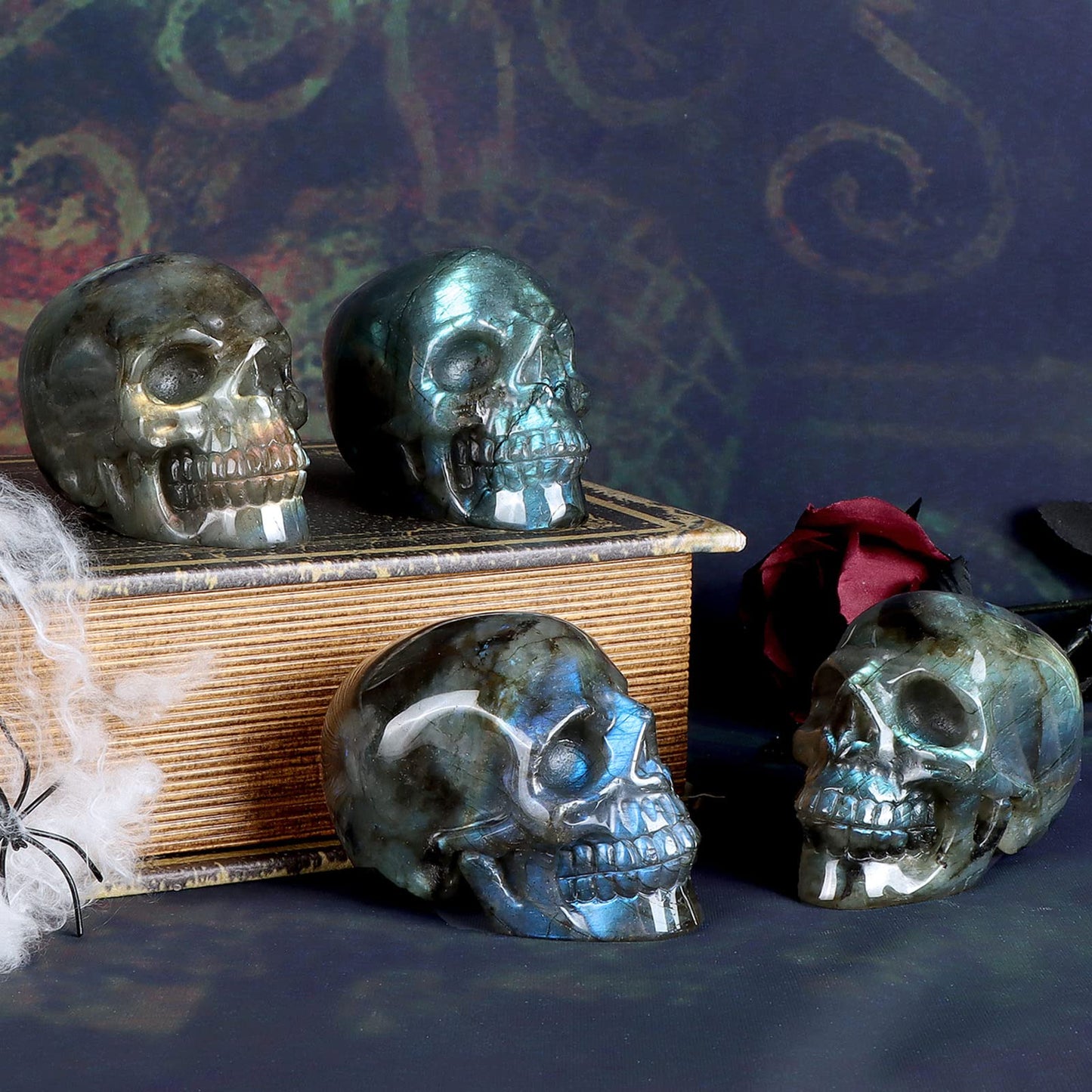 LEADGEM 3" Labradorite Crystal Skull Figurine Decor Healing Stones Carved Luminous Stone Skull Head Statue Sculpture Ornaments