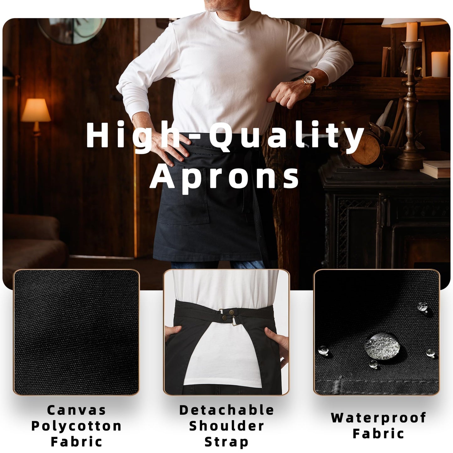 Guolamy Unisex Waist Apron Half Bistro Apron Server Aprons with Pockets Waterproof 4251BY(Black,1Pack