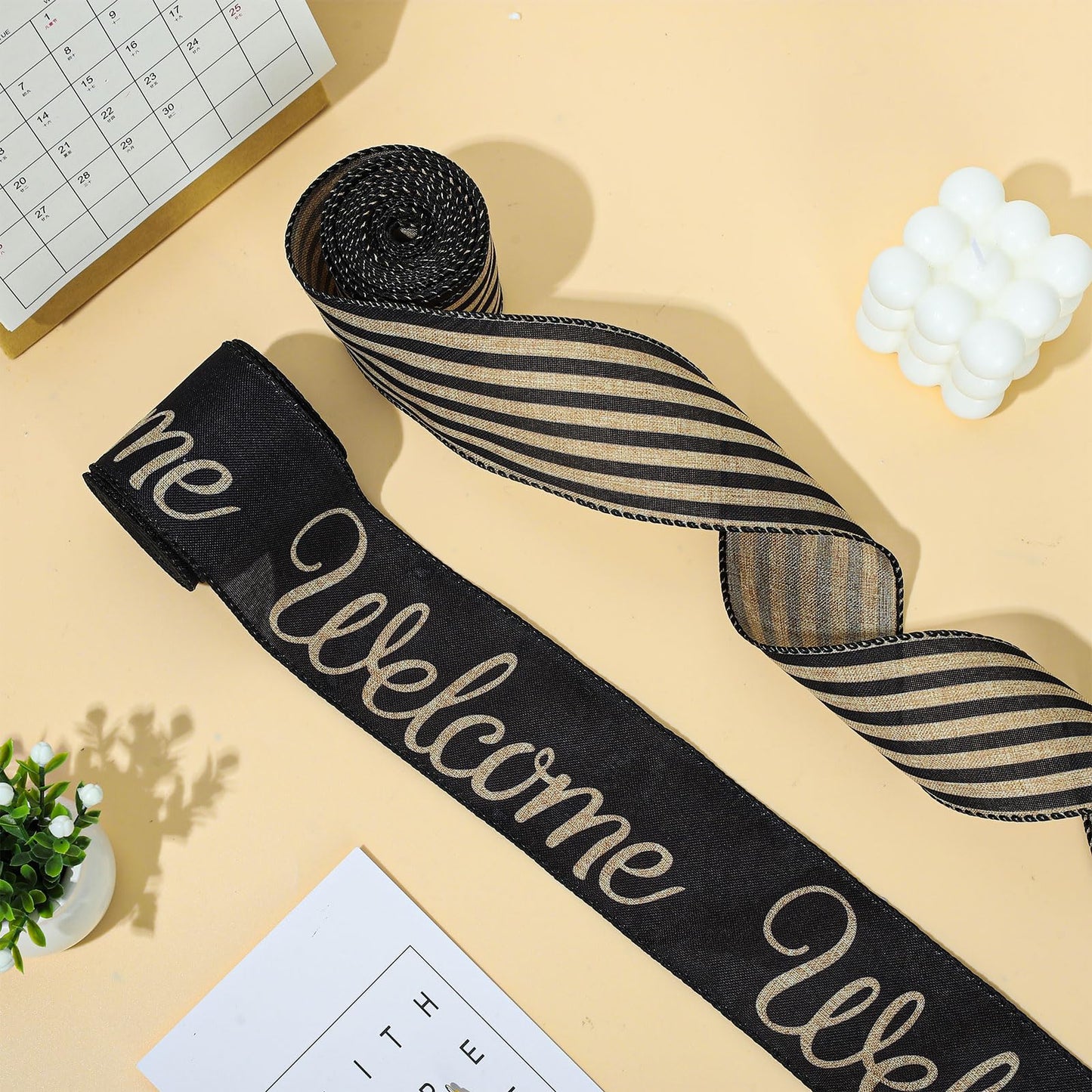 Whaline 30 Yards Halloween Wired Edge Ribbon Welcome Stripe Dot Buffalo Plaids Fabric Ribbon 4 Rolls Rustic Black Wrapping Ribbons for DIY Crafts Wreath Bow Floral Arrangement Decoration