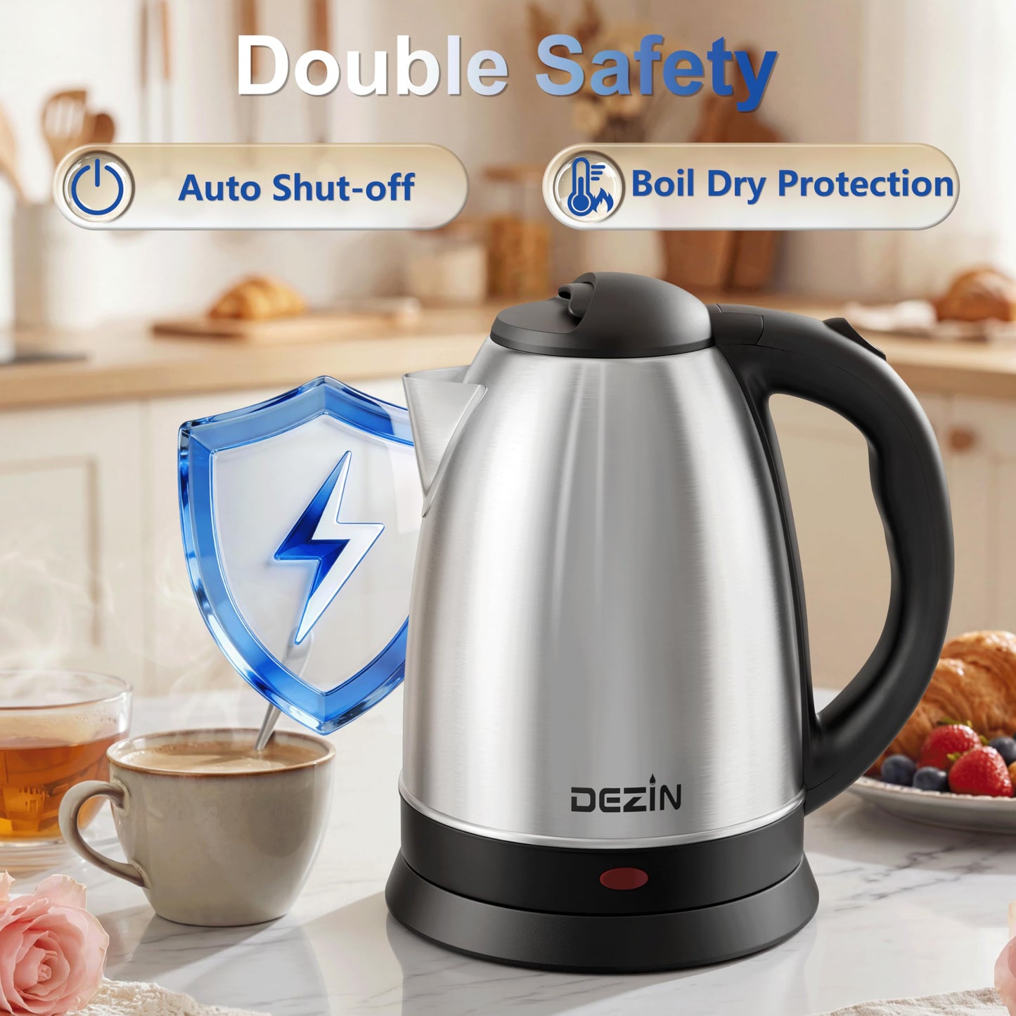 DEZIN Electric Kettle Upgraded, BPA Free 2L Stainless Steel Tea Kettle, Fast Boil Water Warmer with Auto Shut Off and Boil Dry Protection Tech for Coffee, Tea, Beverages