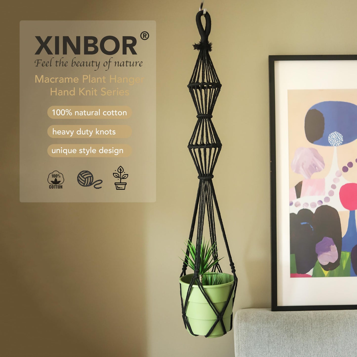 XINBOR Hourglass Floating Macrame Plant Hangers 2 Pack Handmade Cotton Rope Hanging Planters Basket with S Hooks, Diamond Openwork Boho Home Decor for Indoor Outdoor, Plants Holder 35" & 39” (Black)