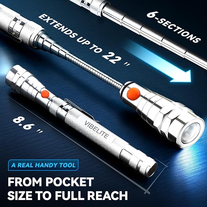 VIBELITE Extendable Magnetic Flashlight with Telescoping Magnet Pickup Tool-Cool Gadget Christmas Gifts Stocking Stuffers for Men, Husband, Dad, Father, Mechanic, Tech, Handyman, Him Women, Silver