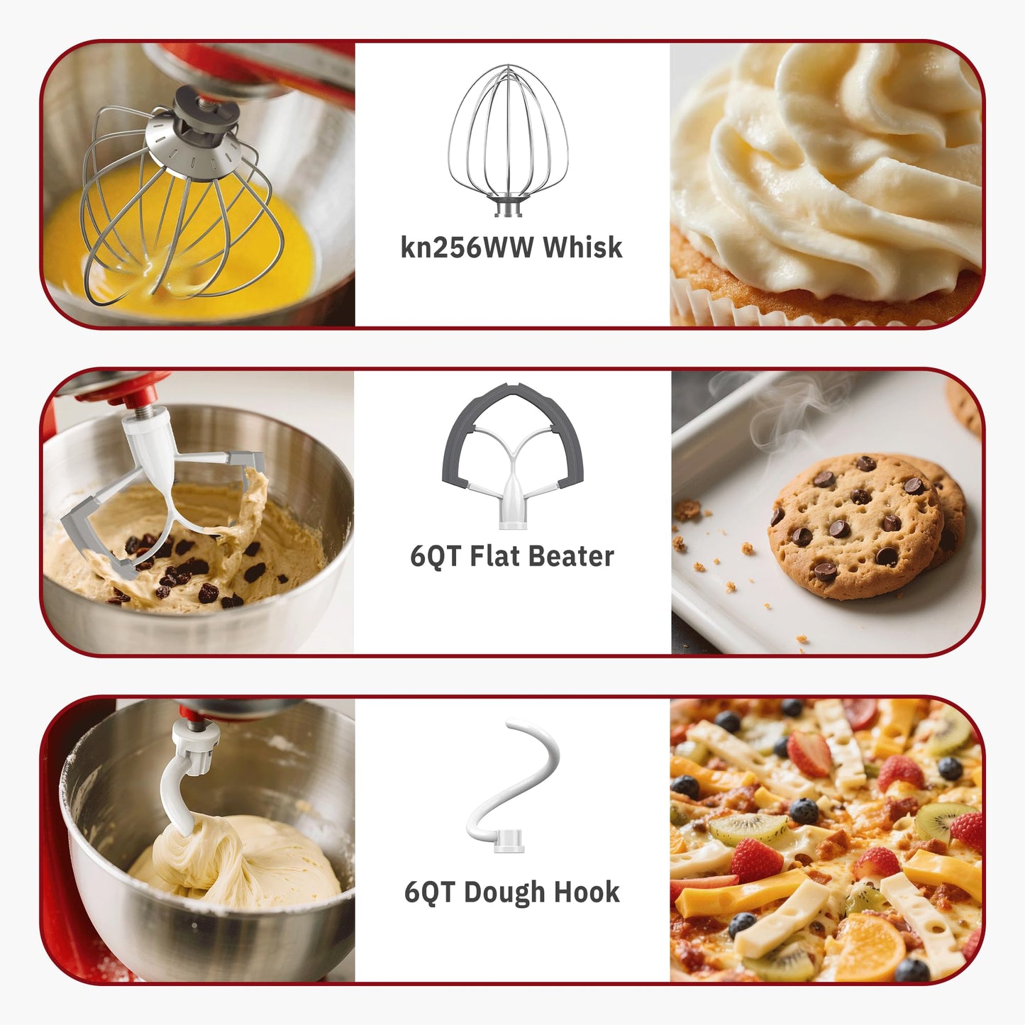 Flex Edge Beater 3Pcs for KitchenAid Mixer Attachments and Accessories Compatible with 6 Quart Lifting Stand Mixers (KN256 6-Wire Whip, 6QT Flat Beater Paddle, 6QT Dough Hook Attachment)