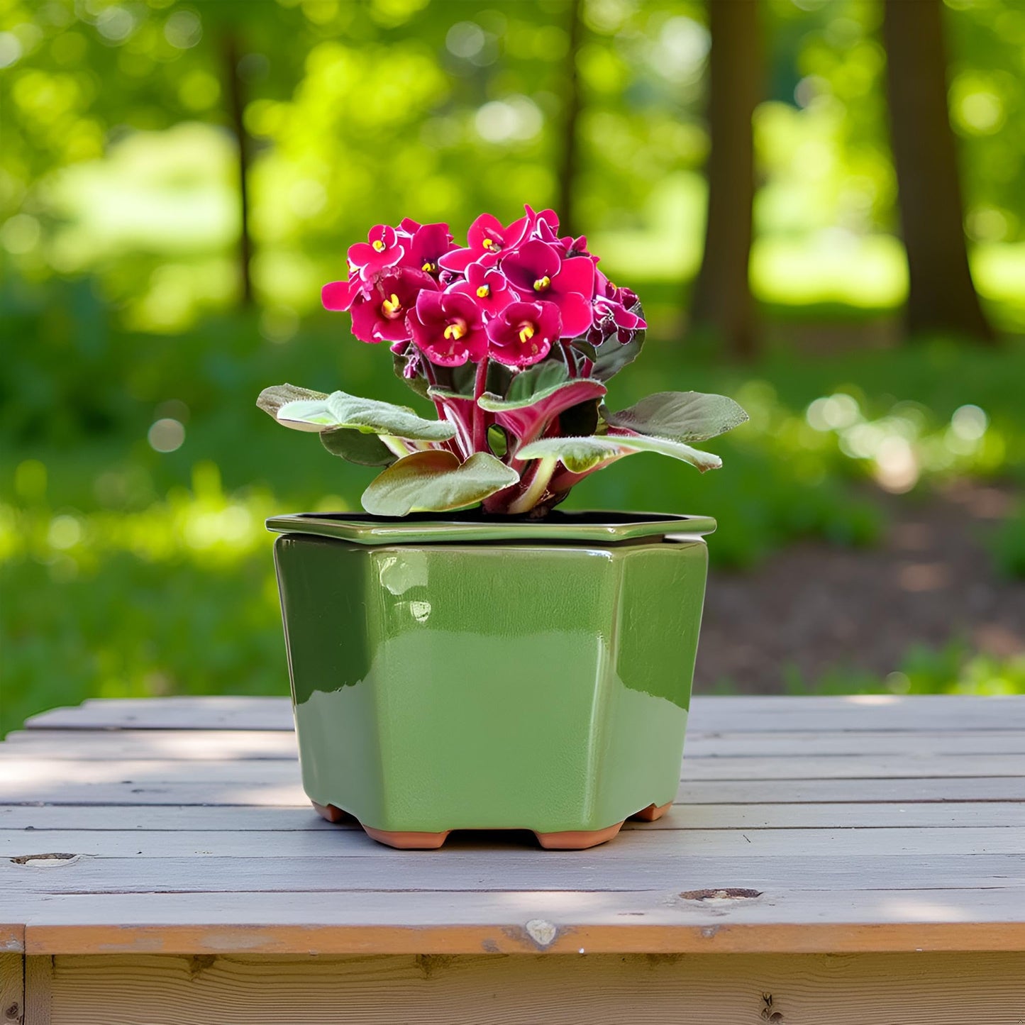 Dphagesy African Violet Pots 6 inch Hexagon Self-Watering Ceramic Pots 4.50'' Opening(Green)