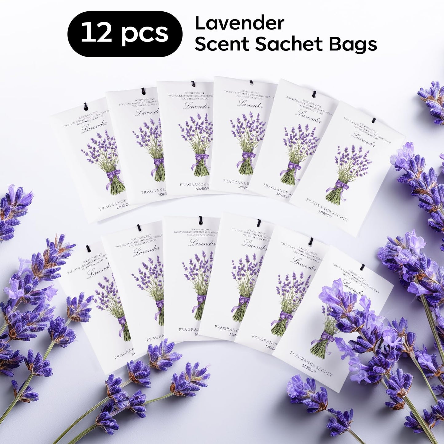 MYARO 12 Pack Lavender Scented Sachets | Odor Eliminator & Air Freshener for Drawer, Closet, Car, Shoes, Gym Bag, Suitcase | Home Fragrance Gift Set