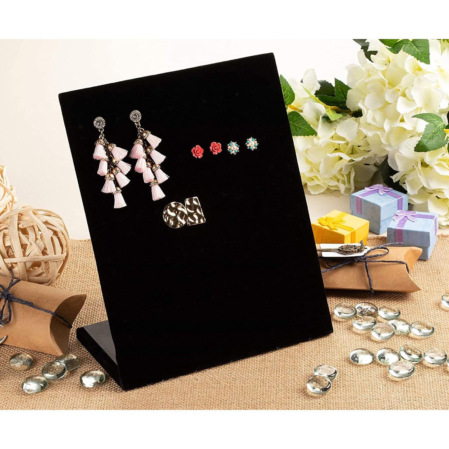 Jewelry Organizer Stand - Black Velvet L-Shape, 9.9 x 7.9 x 4 in - 60 Pre-Punched Holes Earring Display & Jewelry Storage Organizer - Tabletop Rack for Stud & Dangle Earrings
