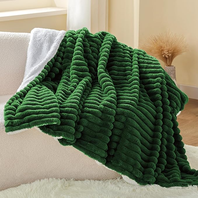 INFIIXSO Sherpa Throw Blanket for Couch - Super Soft & Warm Striped Fleece Blanket, Cozy Plush Fluffy Blanket All Season Use (Dark Green, 60x80 Inches)