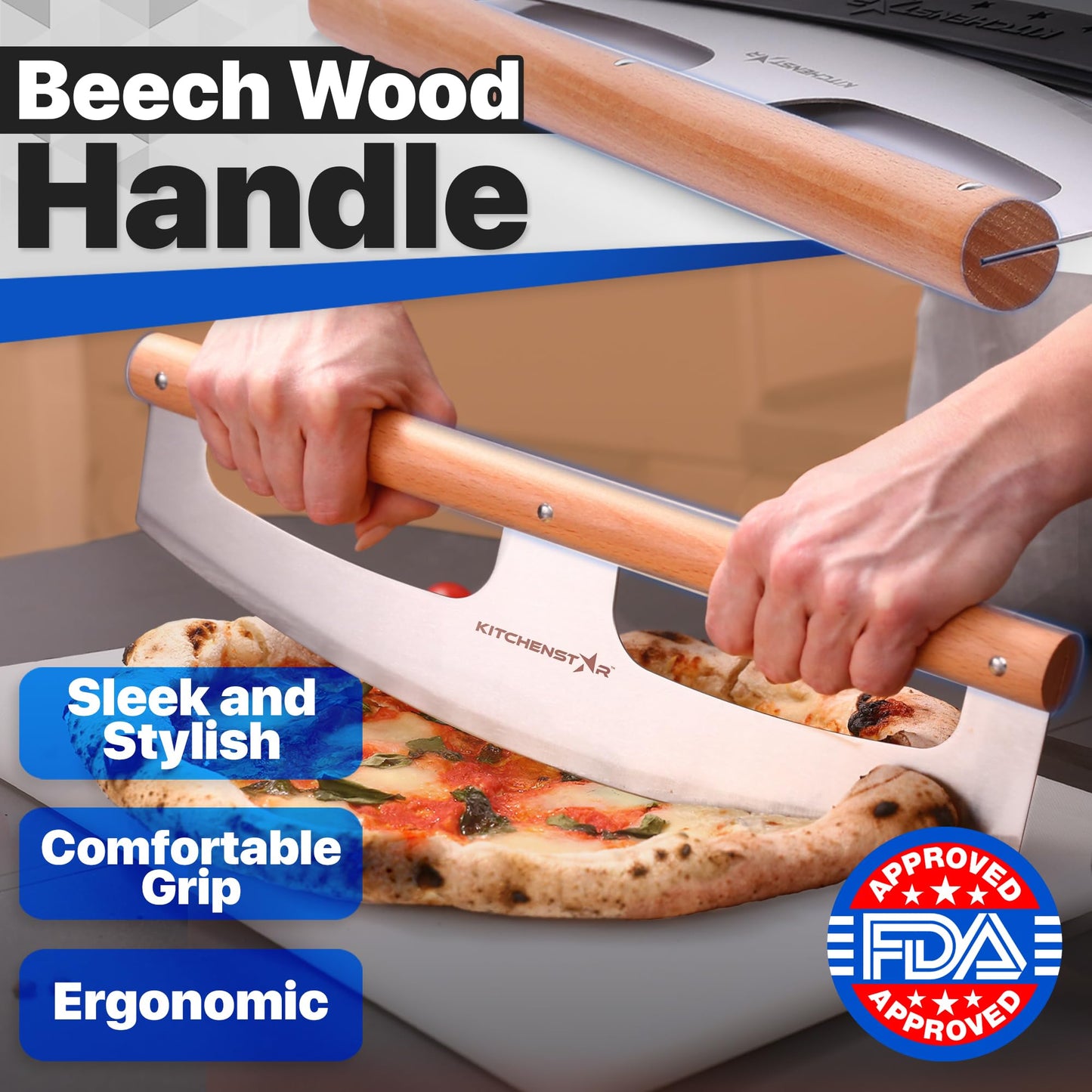 KitchenStar 16-Inch Pizza Cutter Rocker Blade - Razor Sharp Stainless Steel Slicer Knife, Stylish Beech Wood Handle, Protective Cover - Professional Pizza Oven Accessories, Silver
