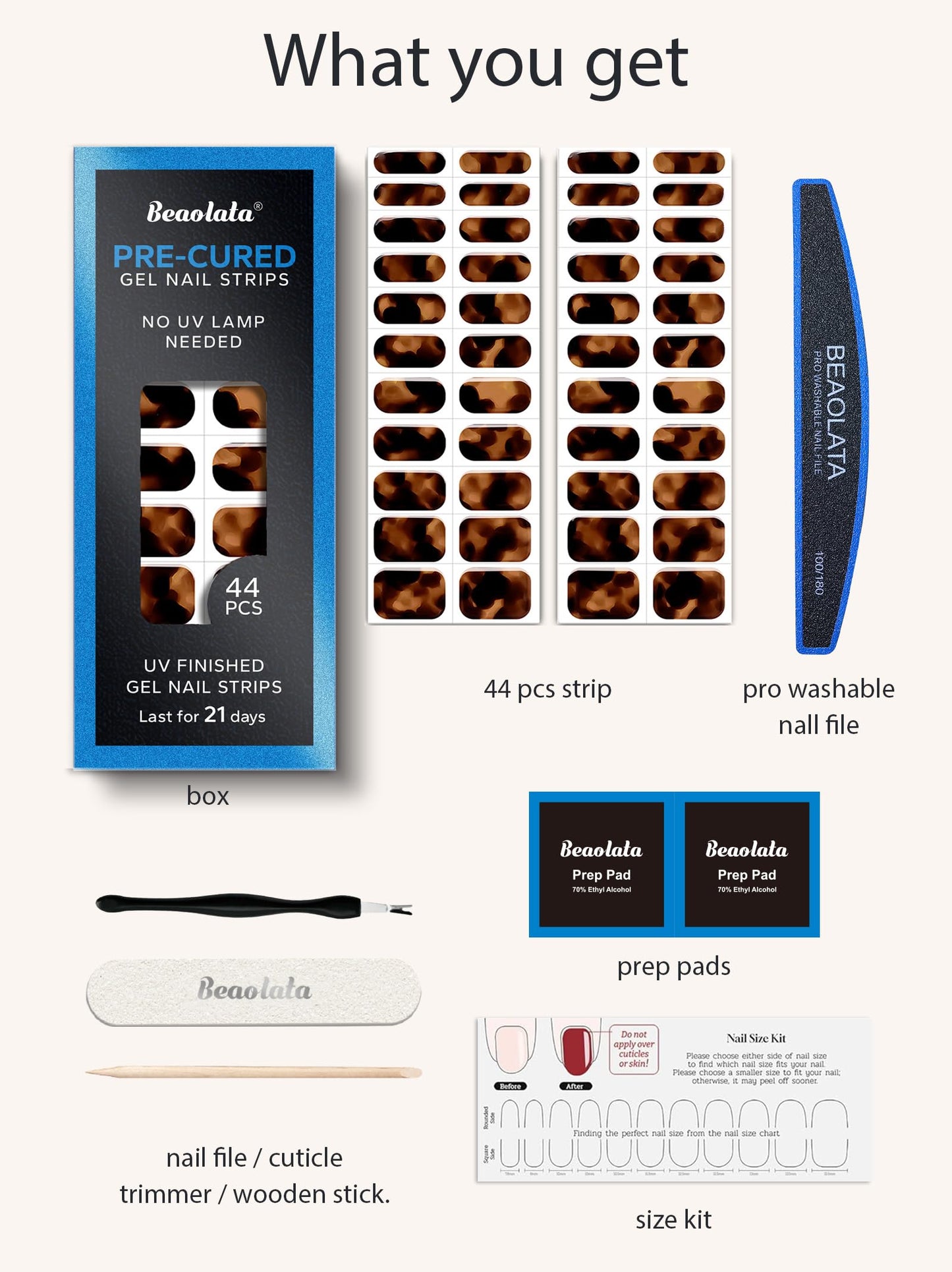 Beaolata Real Gel Nail Strips (No UV Light Needed) - 44Pcs Salon Quality Nail Stickers - Long Lasting Polish Wraps for Women, Easy Apply & Remove (Honey Amber Brown)