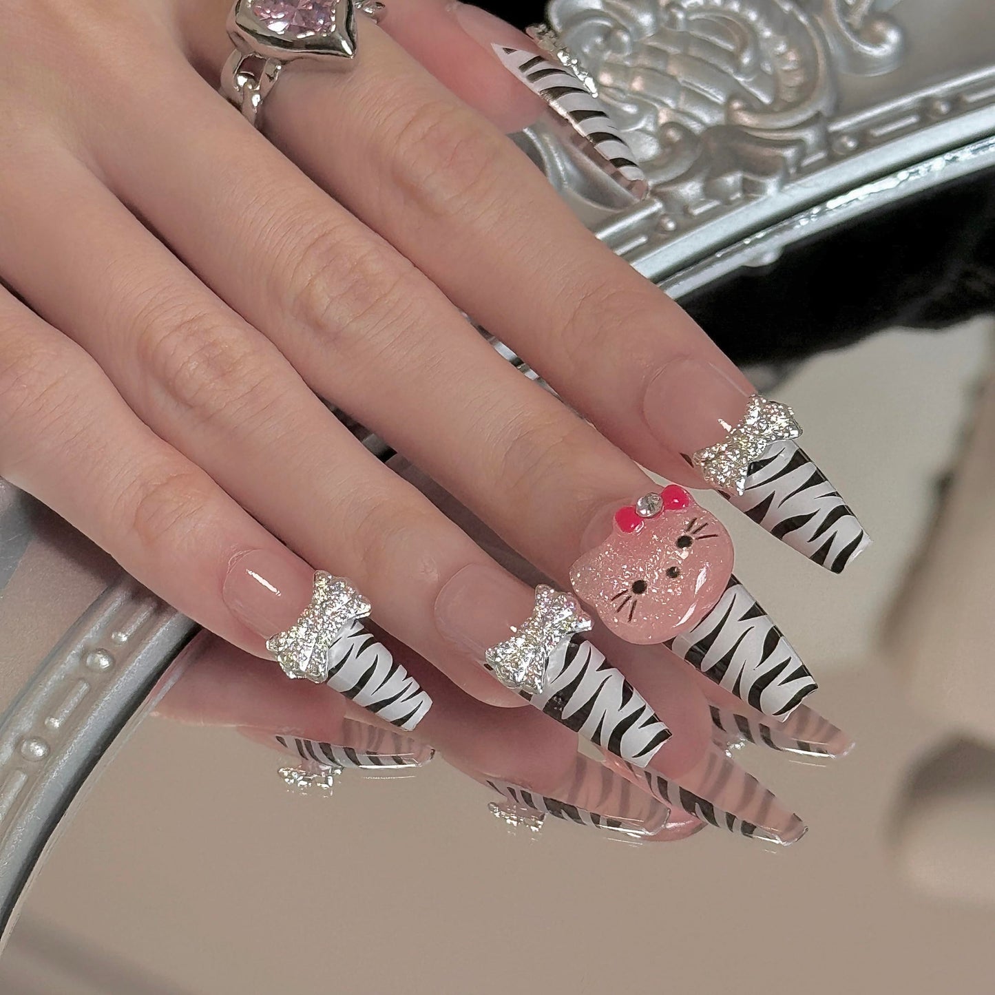 24Pcs Zebra Print Kawaii Nails Coffin Press on Nails Long Y2k Nails Bow Charms 3D Pink Press on Nails for Girls