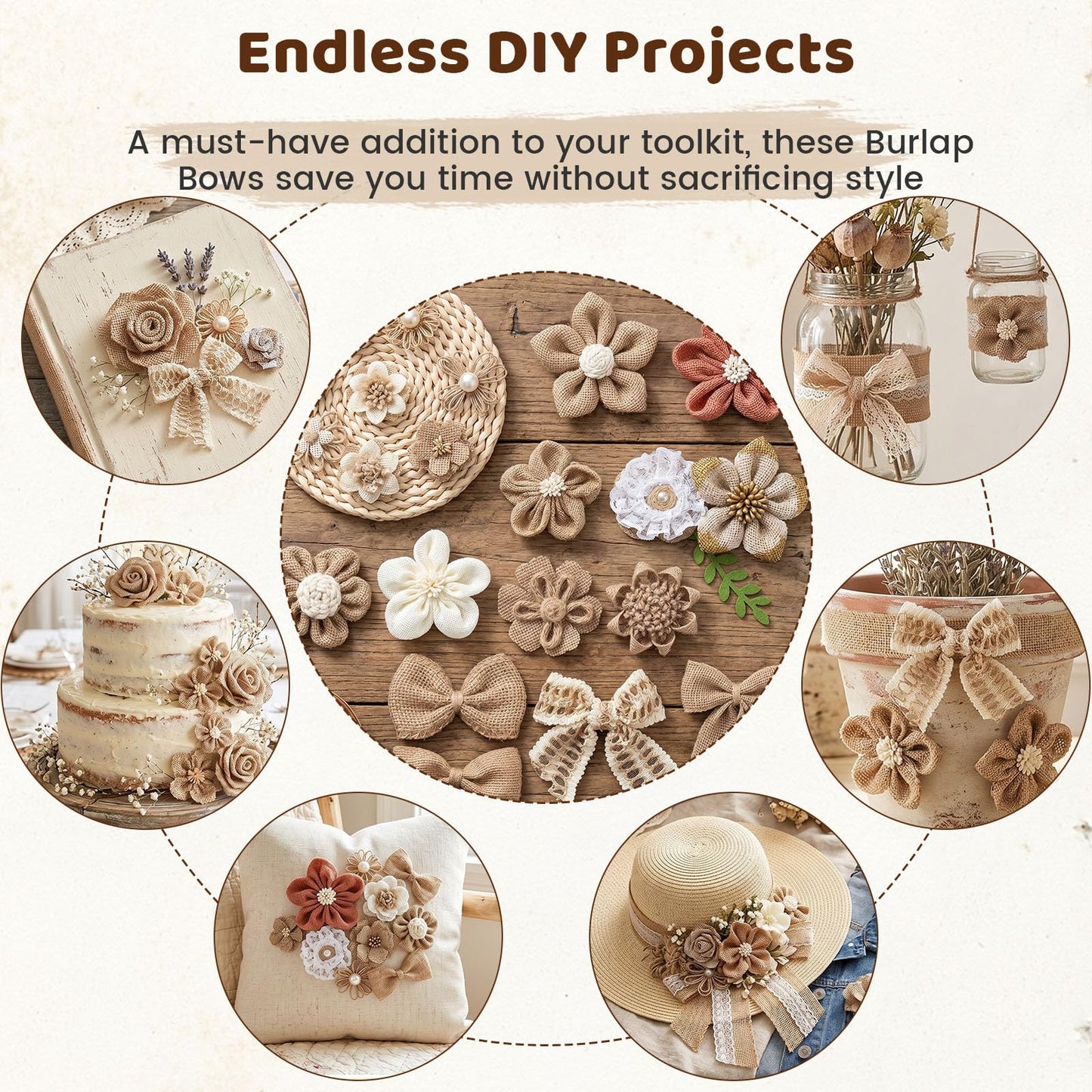 VGOODALL 32 PCS Natural Burlap Flowers Set, Burlap Bows and Scrapbook Embellishments for Wedding Party Decor Home, Embellishments for Crafts