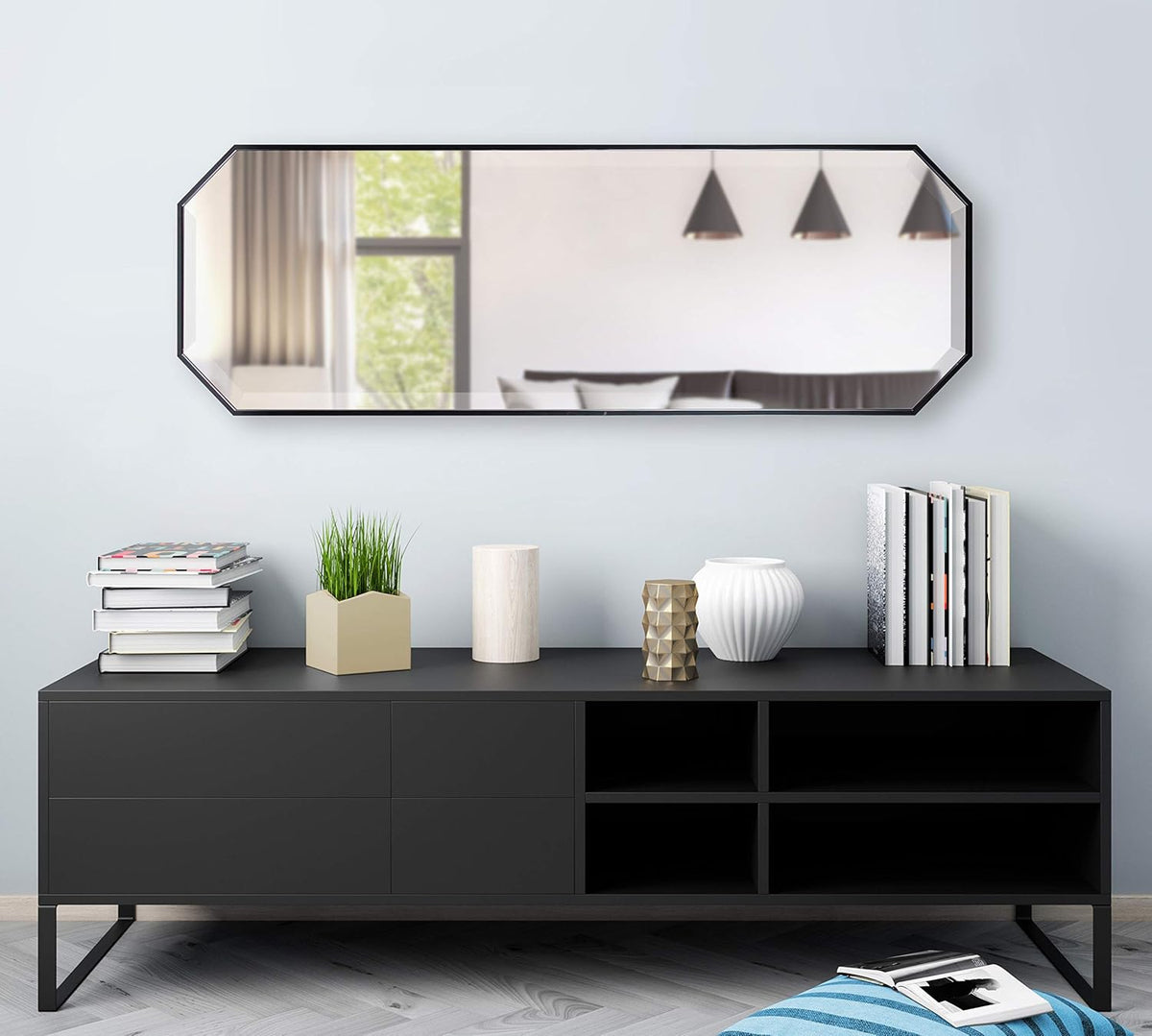 Kate and Laurel Rhodes Modern Full Length Octagon Wall Mirror, 16 x 48, Black, Decorative Glam Geometric Wall Accent