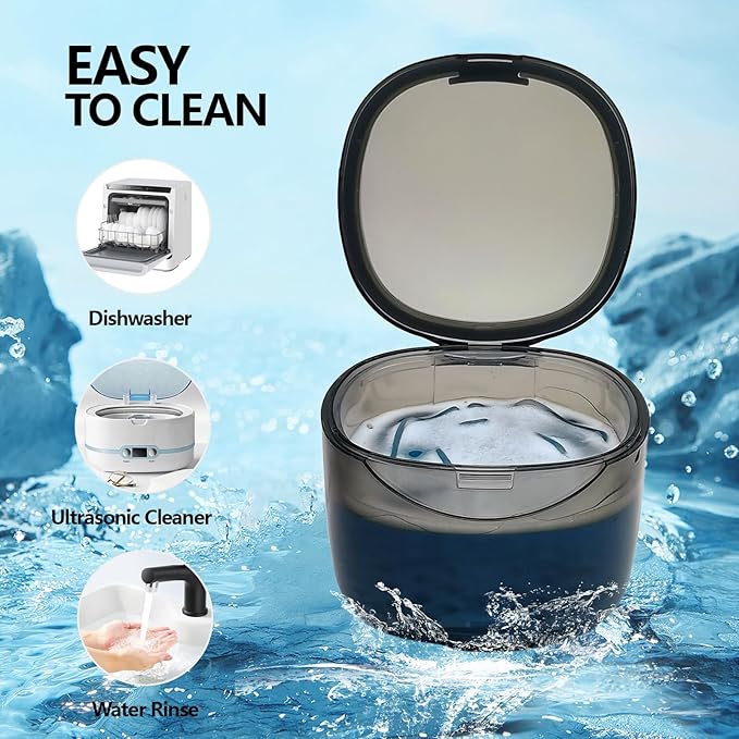 Denture Case Partial Denture Cups for Soaking Dentures, No-Leak Denture Soaking Container Retainer Cleaning Case with Brush for Household|Travel|Office - Transparent Black