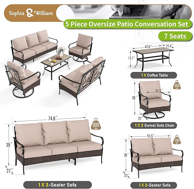 Sophia & William Metal Patio Furniture Set, 7 Seats Outdoor Conversation Set with 3-Seater Sofa, 2 Swivel Chairs, 1 Loveseat, 1 Coffee Table for Seating, Lawn Porch Backyard,Beige
