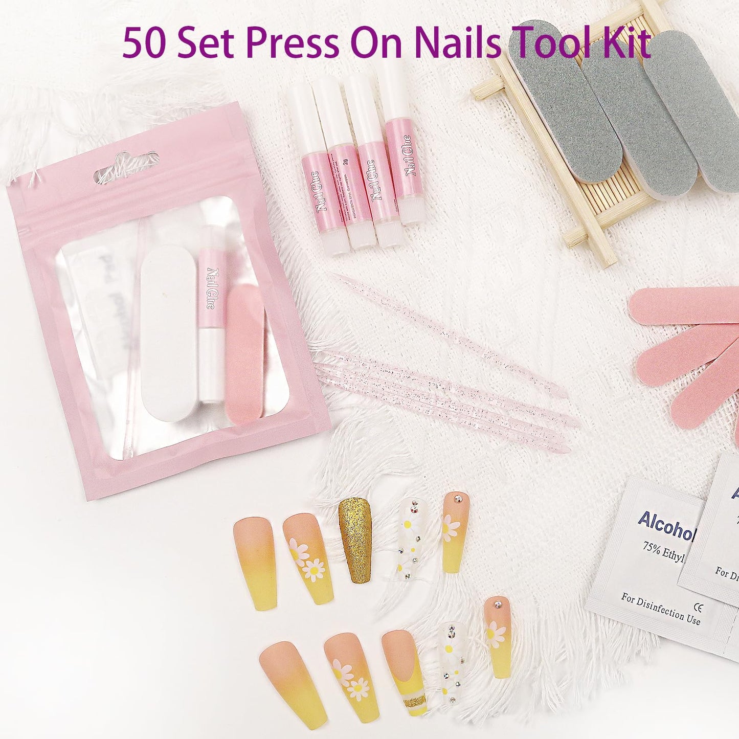 50 Set Press on Nail Tool Kit: Nail Prep Kit for Press on Nail Application with Glue,Adhesive Tabs, Mini File, Buffer, Acrylic Sticks, Prep Pads, Packaging Bag, Salon Home Business Use