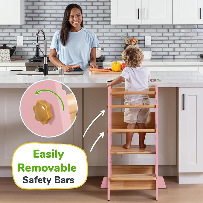 OCODILE Toddler Standing Tower - Adjustable Height Toddler Kitchen Stool Helper - Ideal Kids Kitchen Step Stool for Learning New Skills - Updated Design with Safety Feet - Pink