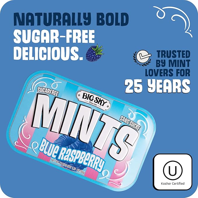 Big Sky Sugar Free Mints Blue Rasberry | No Artificial Colors or Flavors | Kosher, Vegan, Gluten Free | Aspartame & Xylitol Free | 50 Count Tin (Pack of 6)