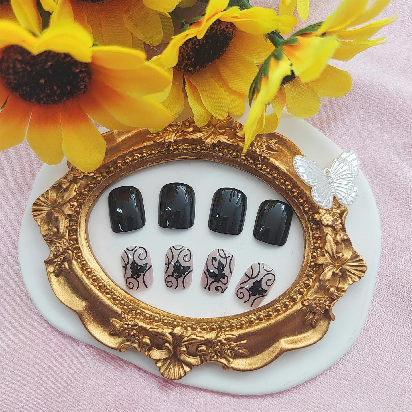 Acrylic Press On Nails - Short Square Fake Nails with Black Butterfly Designs - 24 Pcs Glossy Glue On Nails for Women