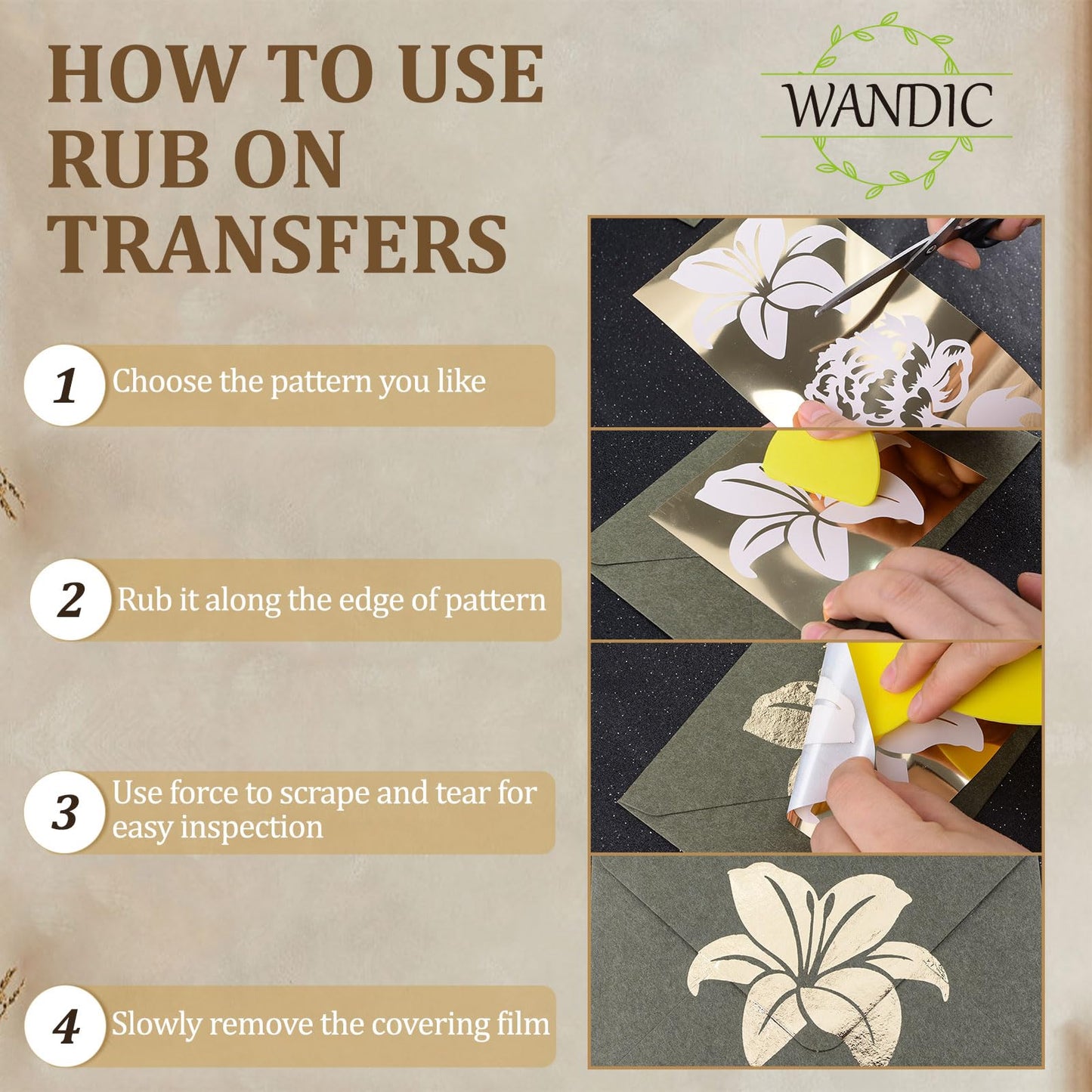 WANDIC 8 Sheets Gold Stamping Transfer Sticker Decal Furniture Flower Theme Rub on Transfers Stickers Decorative for Bookcase Postcard Scrapbooking,10 * 30cm