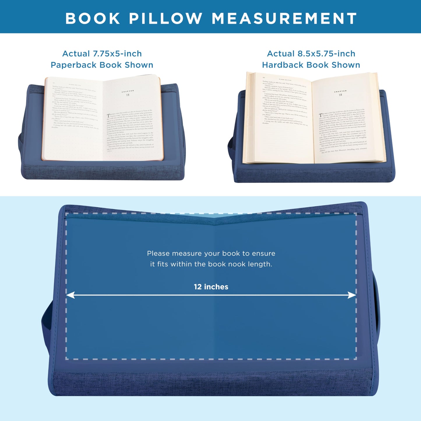 LAPGEAR Book Pillow – Lap Reading Cushion with Built-in Book Stand – Fits 6x9 Books & Similar Sizes – Denim Blue – Style No. 33203