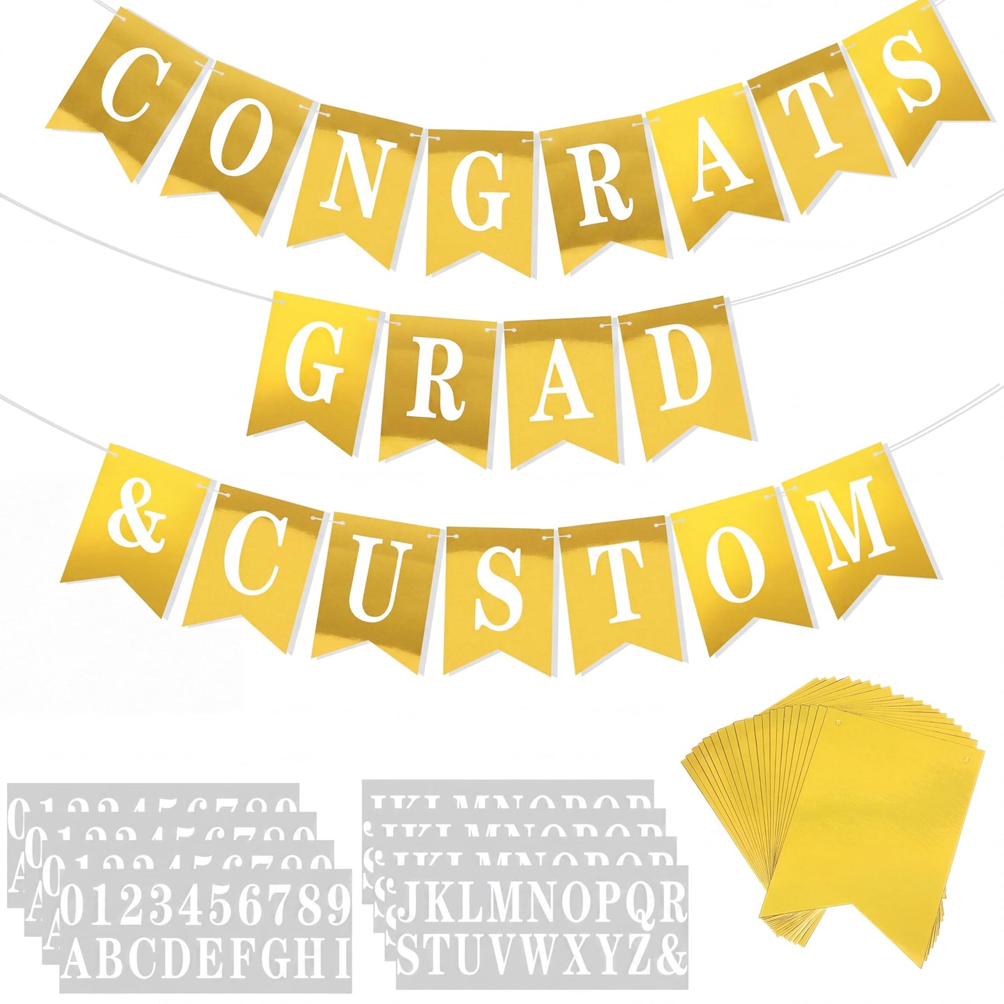 Mooliwe 171 Pcs DIY Custom Banner Kit Make Your Own Customizable Sign for Birthday Wedding Party Decoration Include 20 Paper Pennant 148 Letters and Numbers Rope Threading Device(Mirror Gold)