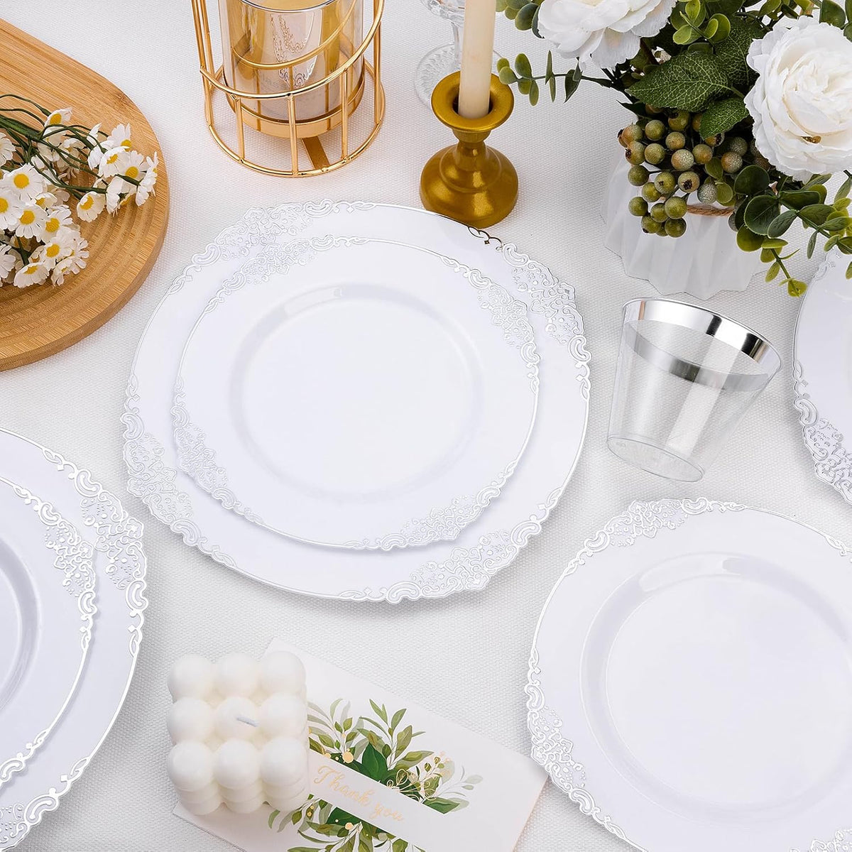 100 PCS White and Silver Disposable Plastic Plates for 50 Guests - 50 Dinner Plates, 50 Dessert Plates for Party, Wedding, and Graduation