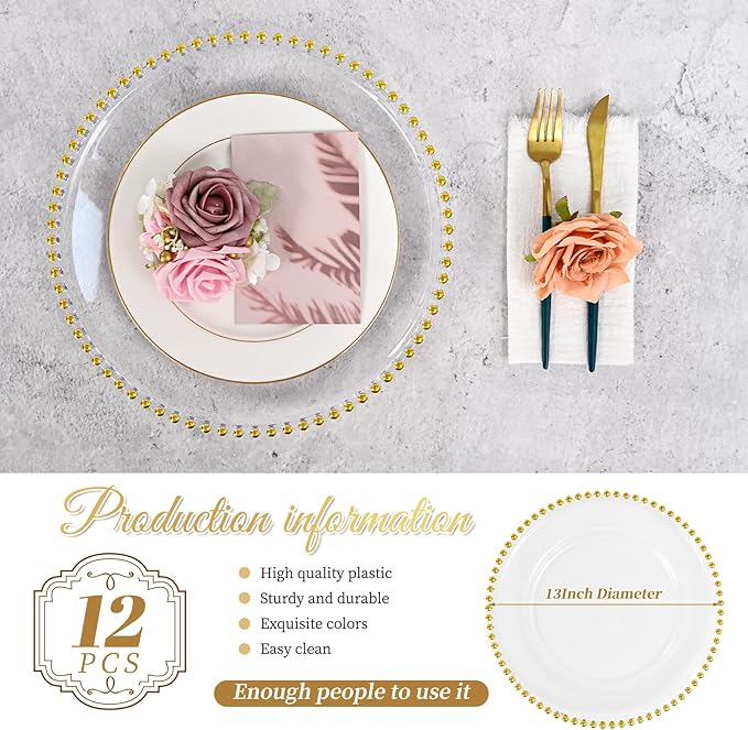 12 PCS Clear Round Charger Plates with Beaded Rim, 13 Inch Plastic Acrylic Plate, Plastic Round Beaded Dinner Decorative Service Plates for Wedding Party Event, Home Kitchen Tabletop(Gold)