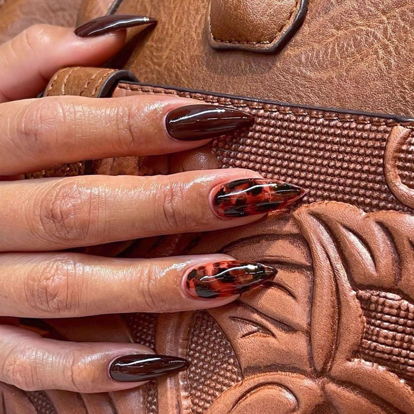 Fall Press on Nails Medium Almond SWEKKE Fake Nails Brown Full Cover Leopard False Nails with Designs Glossy Glue on Nails Stick on Nails Manicure Artificial Acrylic Nails for Women Girls 24Pcs