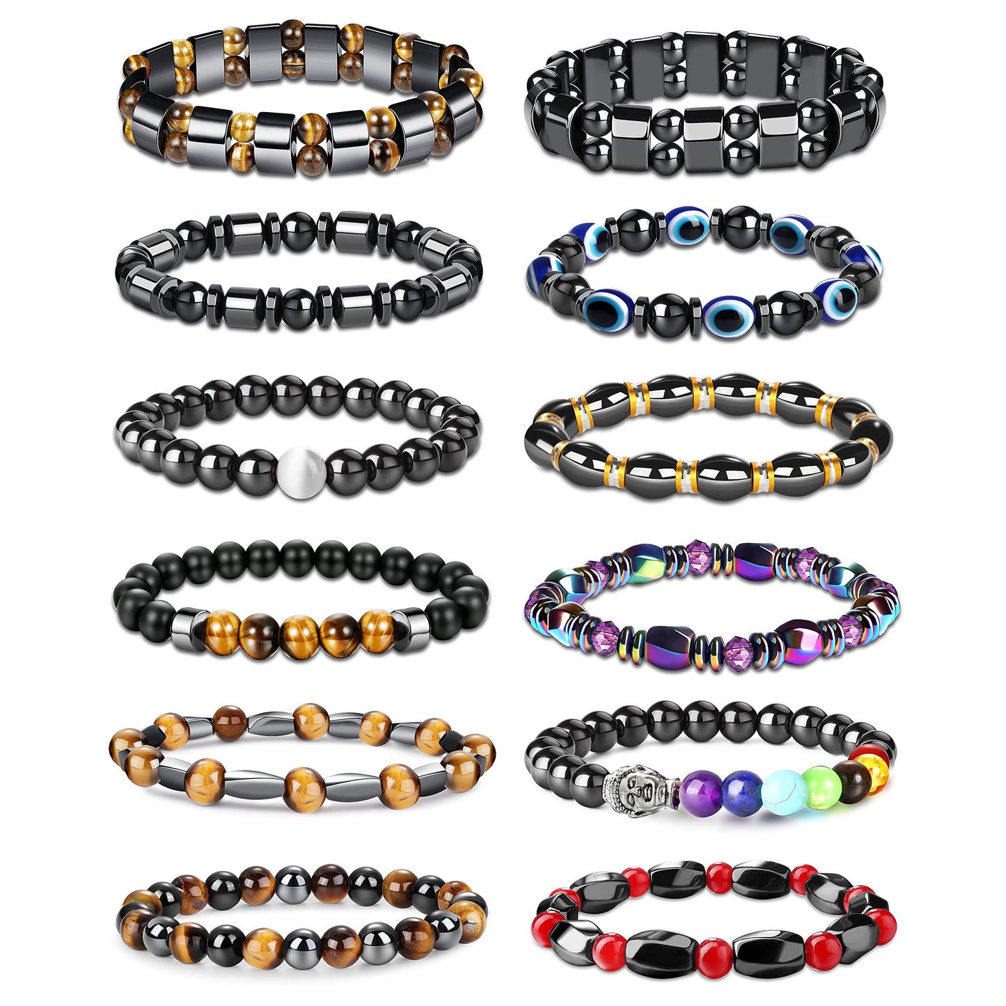 THUNARAZ 12Pcs Hematite Magnetic Bracelet Set for Men Women Tiger Eye Stone Bracelet Stree Relief Gift