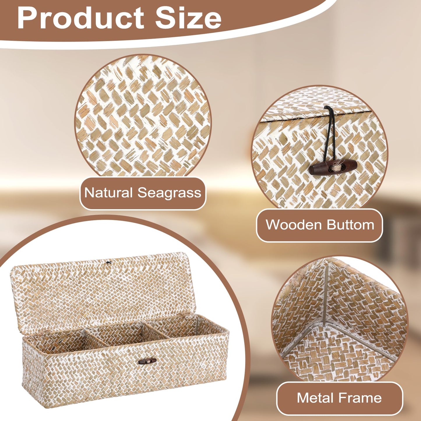 Hipiwe Storage Basket with Lid 3 Sections Handwoven Seagrass Basket Rectangular Closet Organizer Bin Multipurpose Storage Box for Bathroom Shelf Kitchen, Whitewash