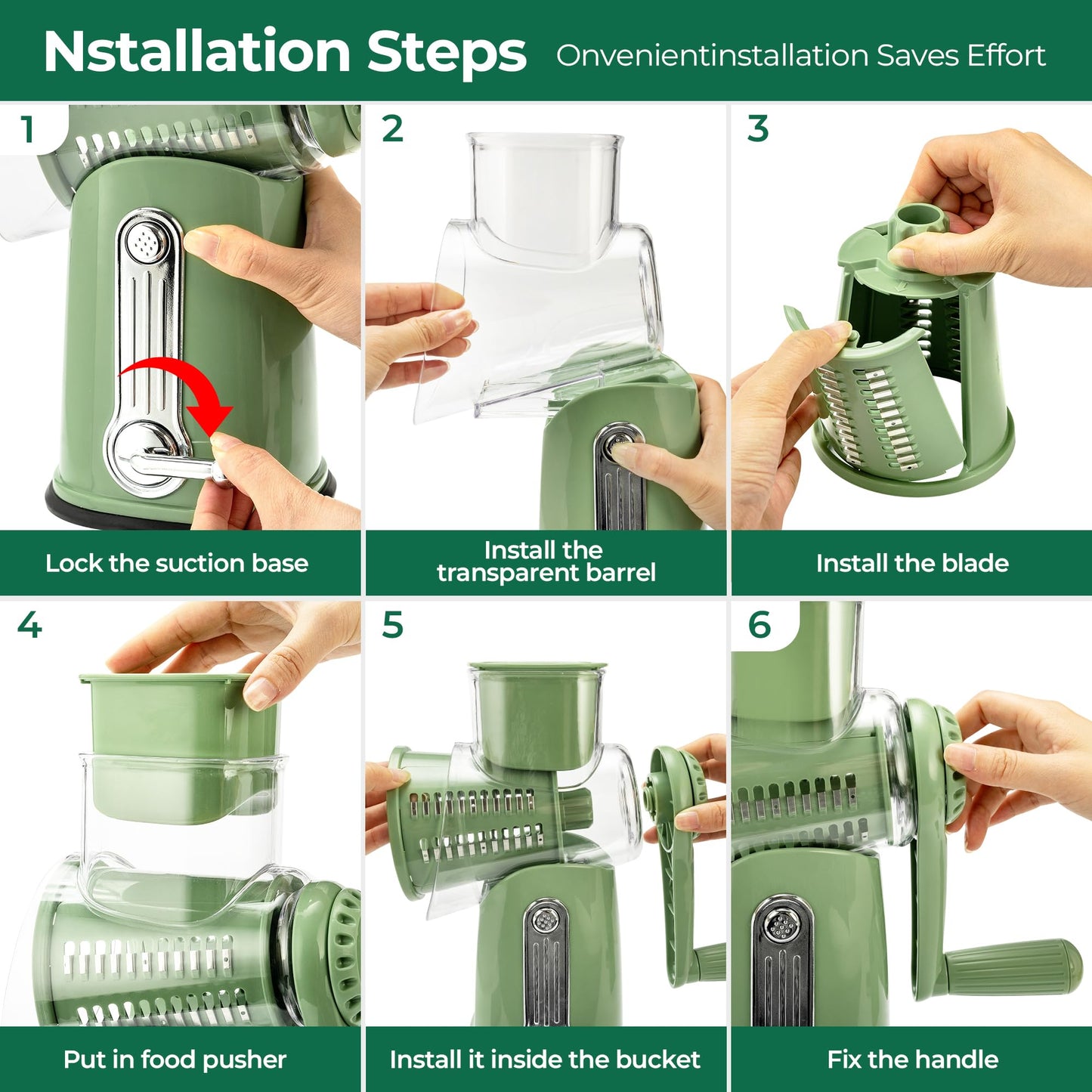 SUSTEAS Rotary Cheese Grater with Handle - Vegetable Shredder with 5 Well-designed Blades & Strong Suction Base,Round Mandoline Slicer & Food Chopper for Kitchen,with Blade Storage Box(Retro Green)