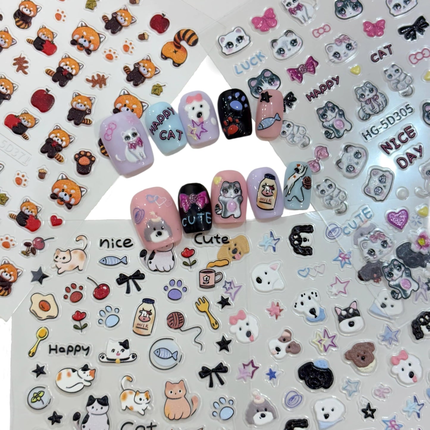 SIMAYKUWA Cute Style Japanese Inspired Embossed Cute Dogs Adorable Cats Tanuki DIY Nail Stickers - Everyday Nail Art Decorations A Set of 4 Sheets