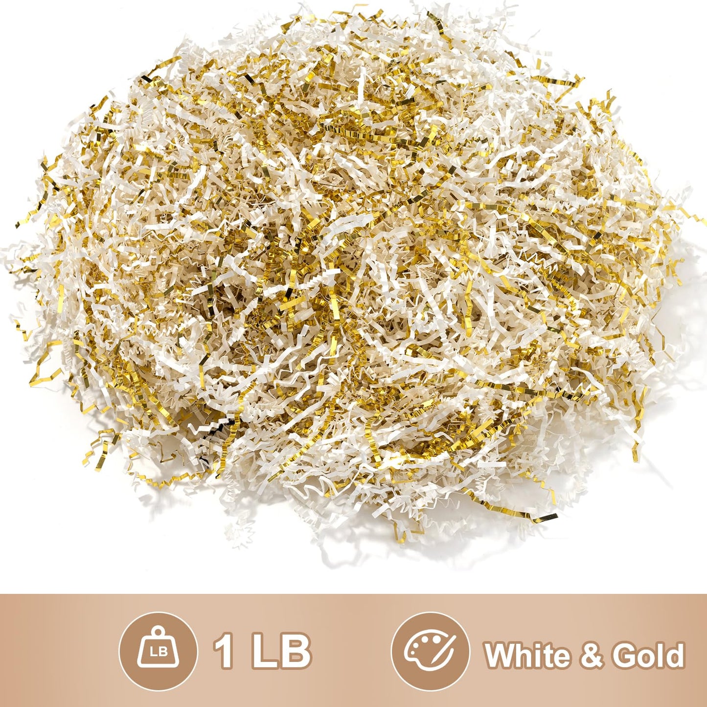 Wowxyz 1 LB Crinkle Cut Paper Shred White & Gold Crinkle Shredded Paper for Gift Baskets - Gift Box Bag Filler - Confetti Stuffing for Birthday, Holiday Present Packaging Wrapping