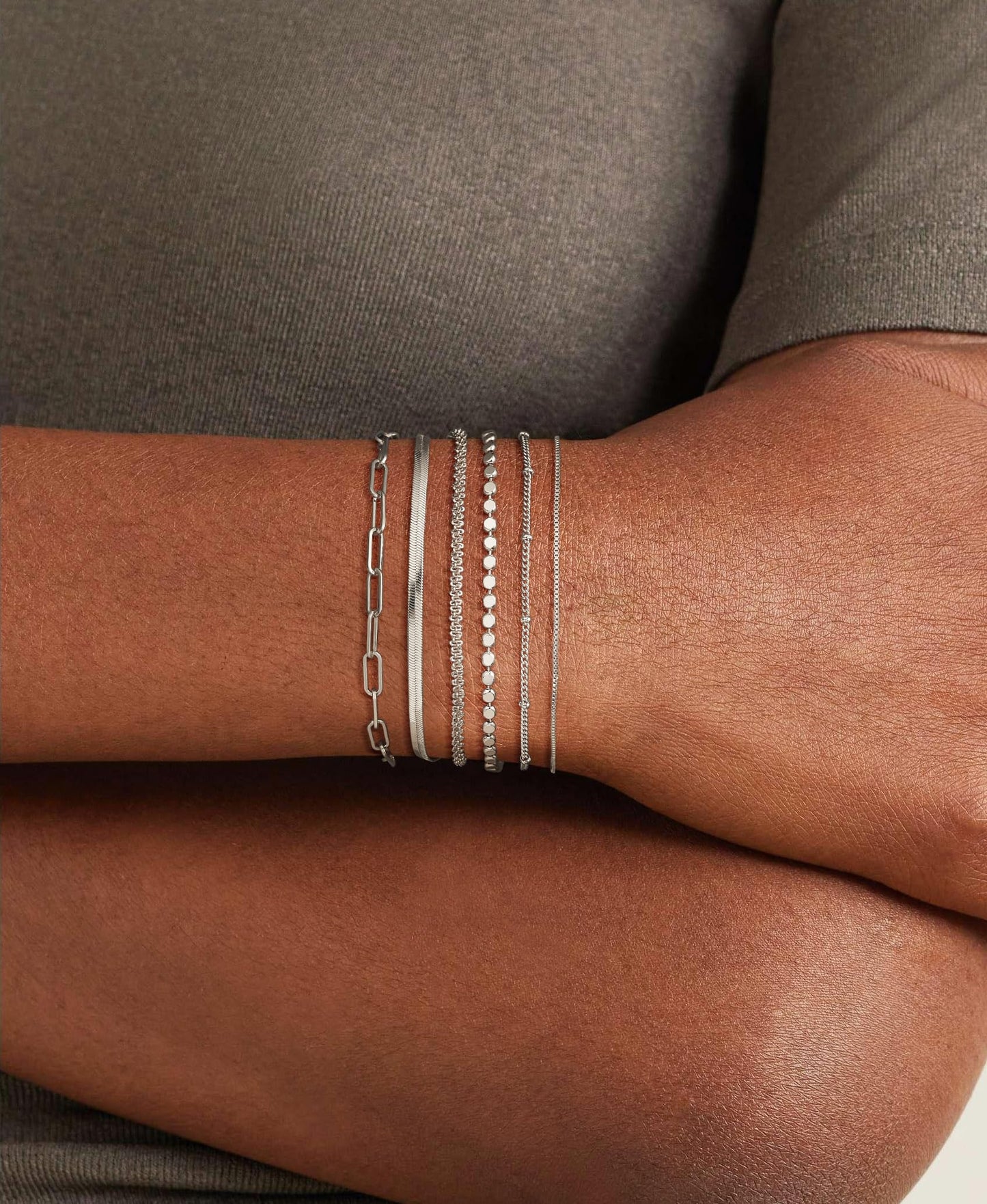 DEARMAY Silver Chain Bracelets for Women, Waterproof Silver Plated Jewelry Set Fashion Stackable Beaded Figaro Herringbone Link Bracelet Trendy Pack Stack Gifts for Women