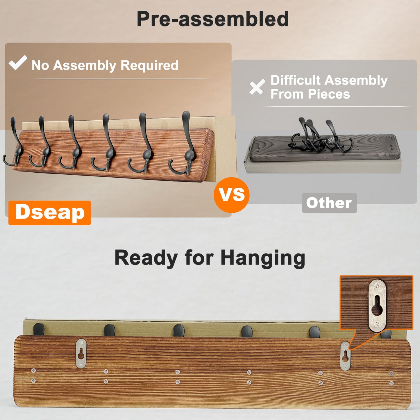 Dseap Coat Rack Wall Mount - Heavy-Duty Robust Rustic Wooden Wall Coat Hanger Hook Rail with 5 Triple Hooks for Winter Jacket & Hat Clothing, Light Brown & Black