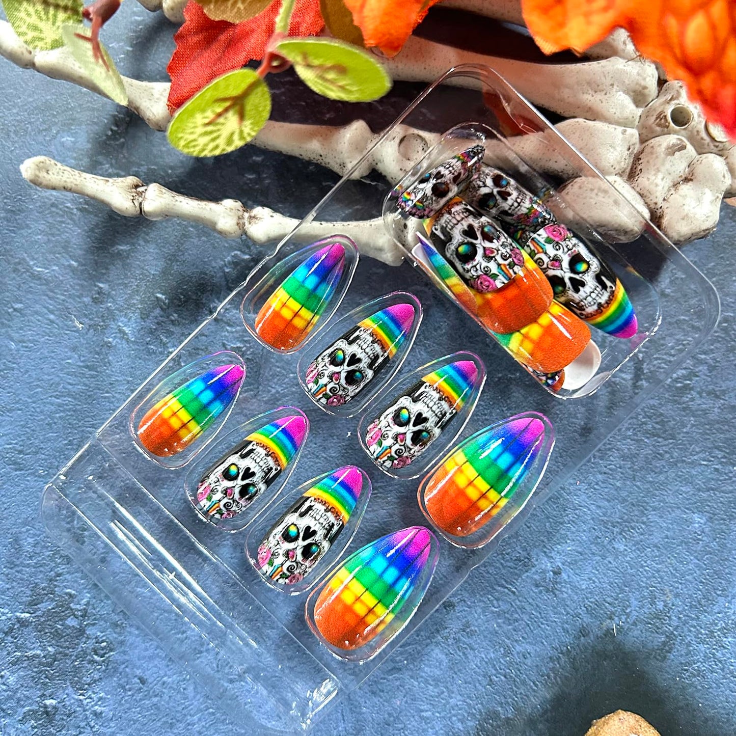 24Pcs Halloween Skull Press on Nails Long Colorful Grid Flower Skull Pattern Design Halloween Nail Full Cover Glossy Artificial Acrylic False Nail French Almond Tip Medium Glue on Nails for Women