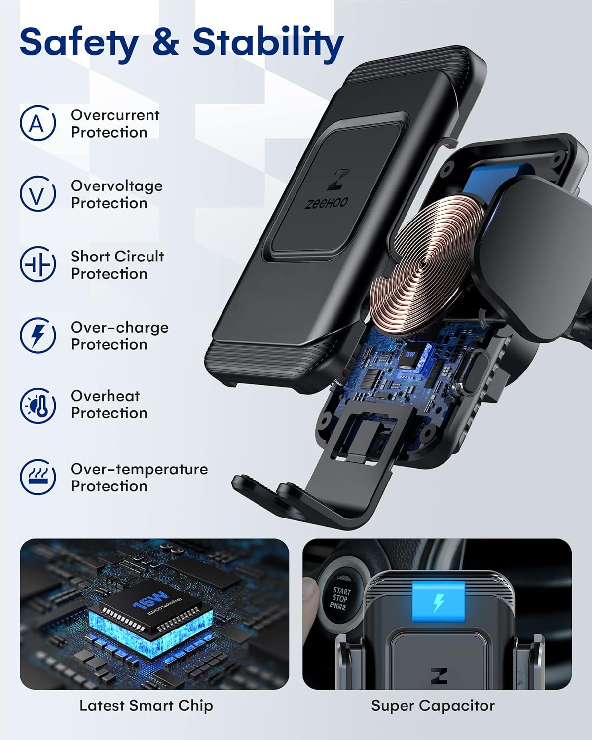 ZeeHoo Wireless Car Charger,15 W Fast Charging Auto-Clamping Car Mount,Windshield Dash Air Vent Phone Holder for iPhone 14 13 12 Mini 11 Pro Max XS XR 8,Samsung S22 S21 S20 Note 20 10 9 8