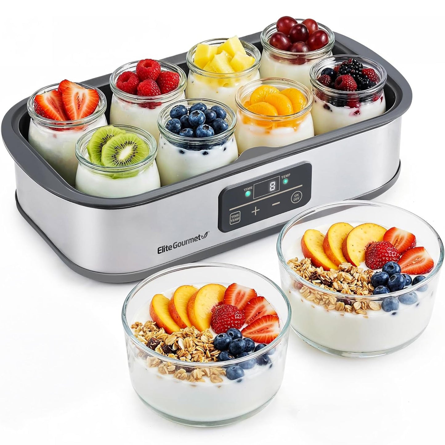 Elite Gourmet ProBioticPRO™ Digital Yogurt Maker, Programmable Temp & Time Control (68–127°F), Includes 8 Glass Jars (6 oz) + 2 Large 1-Qt Bowls, Stainless Steel, Auto Shut-Off