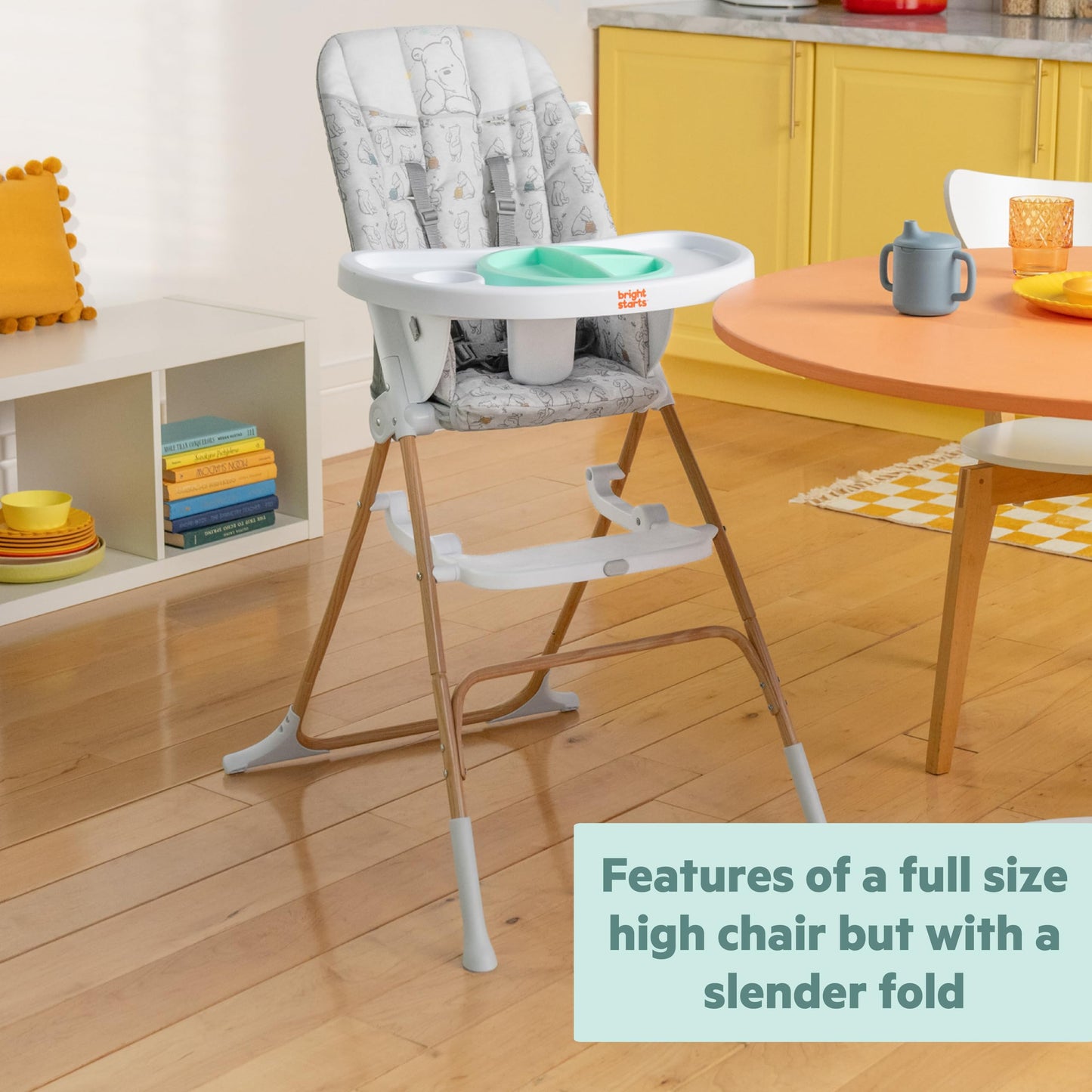 Bright Starts Disney Baby Winnie The Pooh Compact Folding High Chair, Food-Grade Safe Plate, 5-Point Harness, for Ages 6 Months and Up, Unisex – Classic Pals Pattern