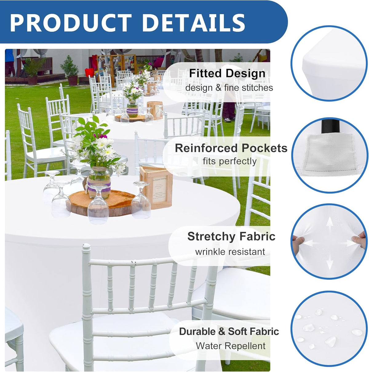 Fitted Round Table Covers 5ft-Spandex Elastic Table Cloths 6 Pack 60 Inch-White Small Stretch Folding Tablecloth for Weddings Banquets Restaurant Buffet Event Parties Vendor Stand Tables