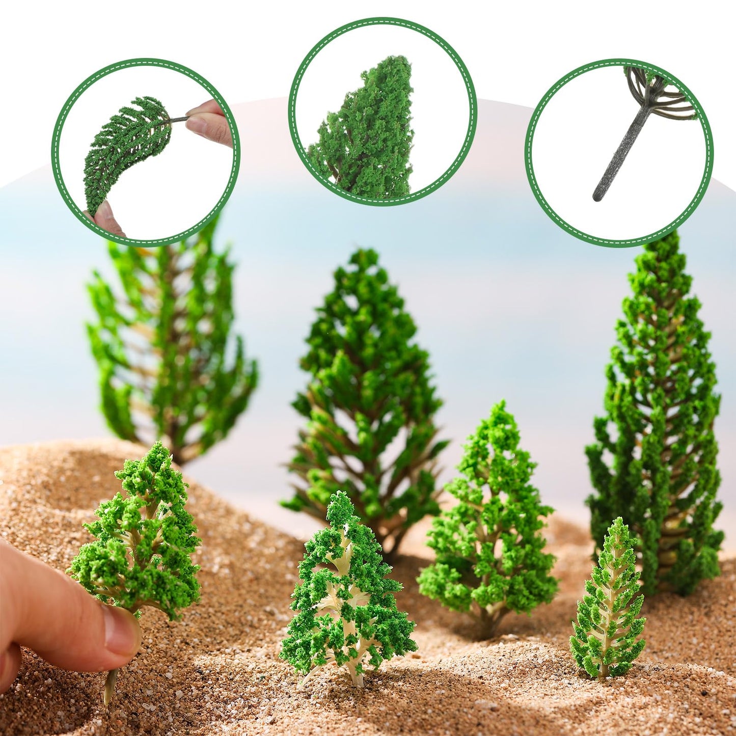 Thiccywoov 40 Pcs Diorama Supplies Kit Include 32 Miniature Trees 1.2-6.2 Inch Mini Mixed Model Plastic Fake Architecture 8 Bags Scenery Basing Material Kit for DIY Craft(Scenery Trees)