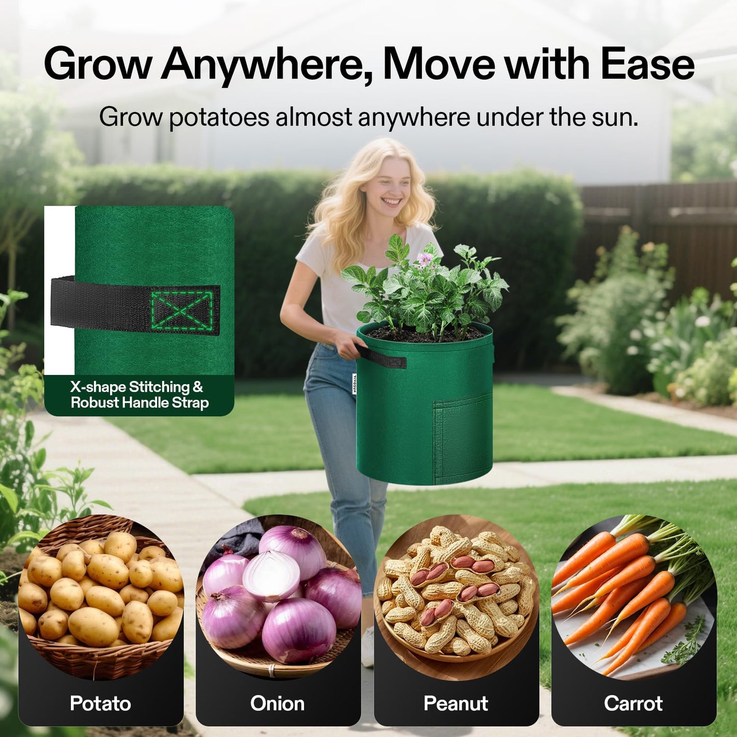 VIVOSUN 5-Pack 7 Gallon Potato Grow Bags for Growing Potatoes, Fabric Potato Pots with Handle and Roll-up Window, Potato Growing Containers Potato Planter Potato Planter for Growing Potatoes, Green