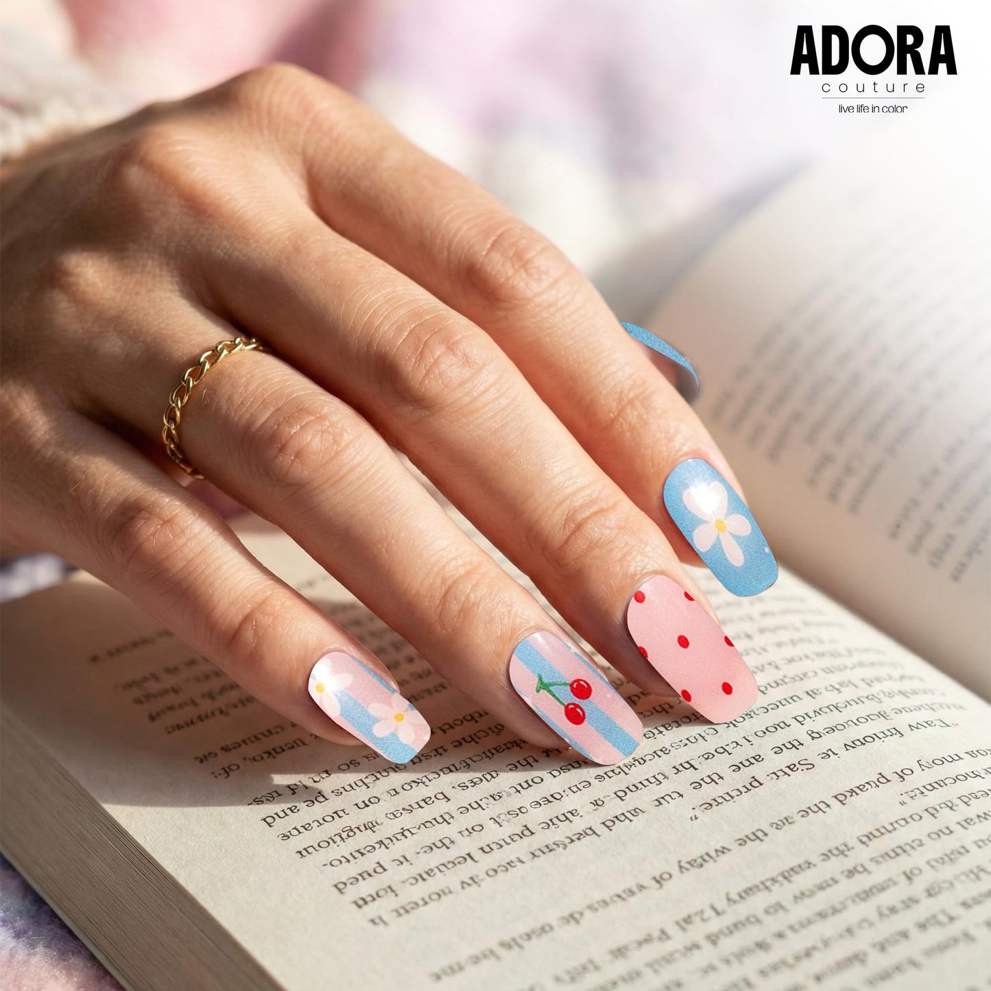 Adora Couture Semi Cured Gel Nail Strips with 20 Pieces - UV Gel Stickers, Manicure Kit, Easy Application Wraps Includes Prep Pads, Nail File, Wooden Stick - UV Light Required (Summer Joy)