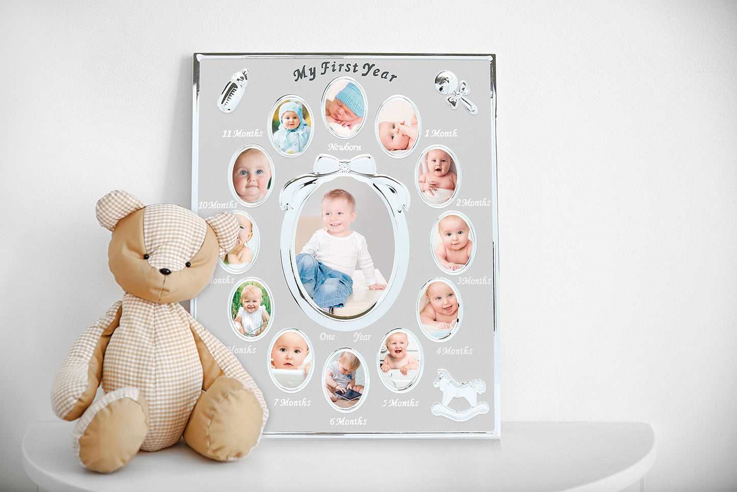 Tiny Ideas Baby’s My First Year Picture Frame, Monthly Milestone Photo Collage, 12 Month Baby Keepsake, Nursery Wall Decor and Baby Gift, Silver