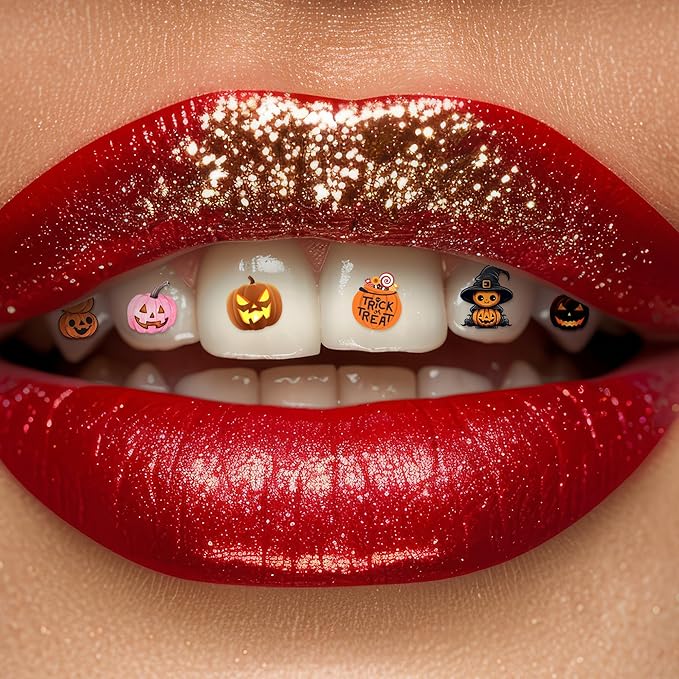 Halloween Tooth Bling Tattoo – Temporary Tooth Gem Kit for Teeth – Safe for Teens & Adults, Removable Fun Fake Tooth Tattoo Stickers for Halloween Costume, Party & Cosplay (Pumpkin)