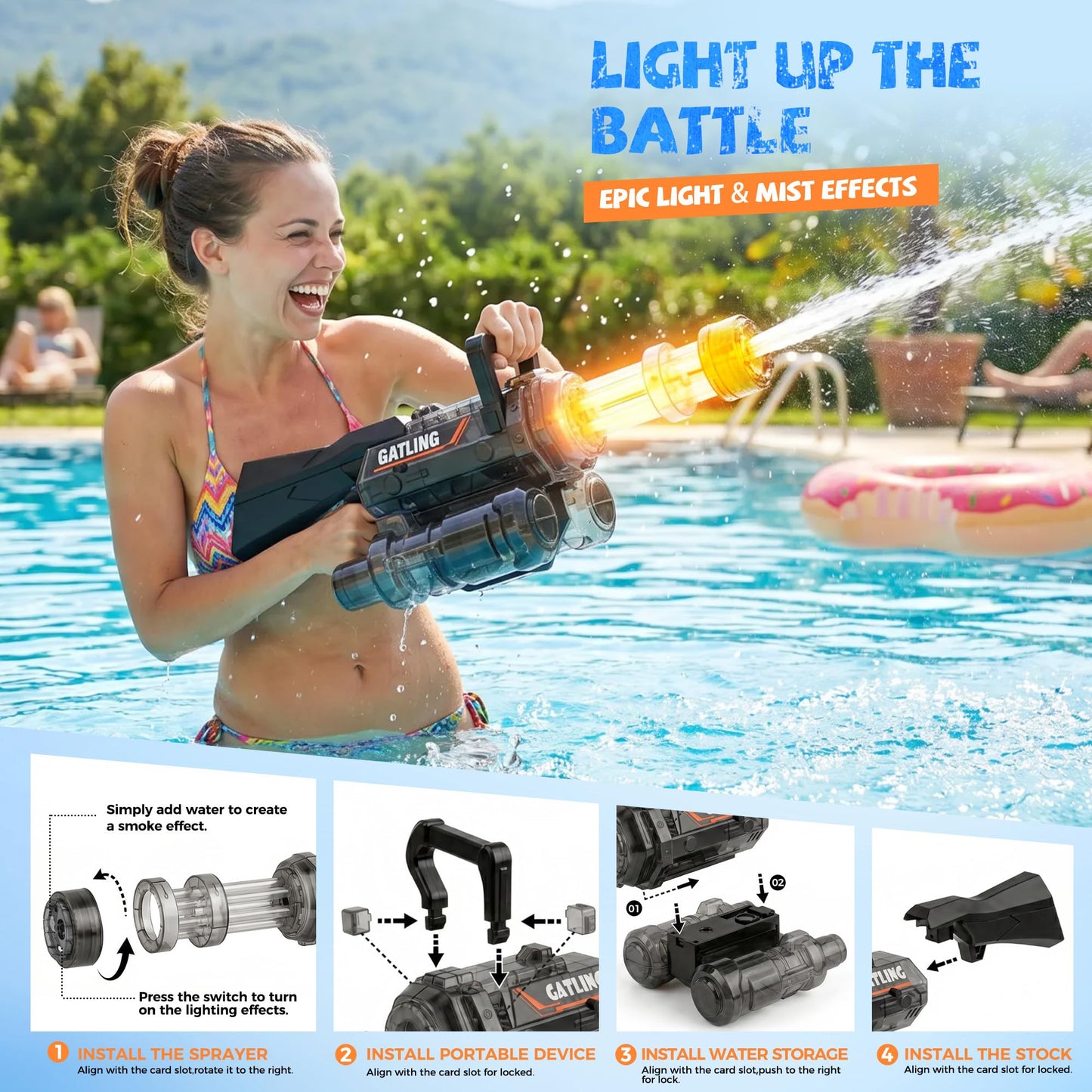 Electric Water Gun with LED Light and Rotating Nozzle, Large Capacity Water Blaster with Rechargeable Battery, 28–32FT Long Range Squirt Gun for Pool Beach Backyard Summer Games