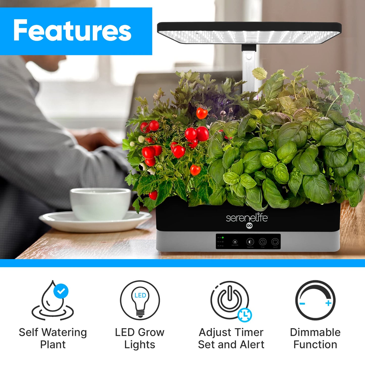 SereneLife Hydroponic Herb Garden - 6 Pod Indoor Kit, Full-Spectrum Grow Light, Adjustable Height, Smart Plant System, Black