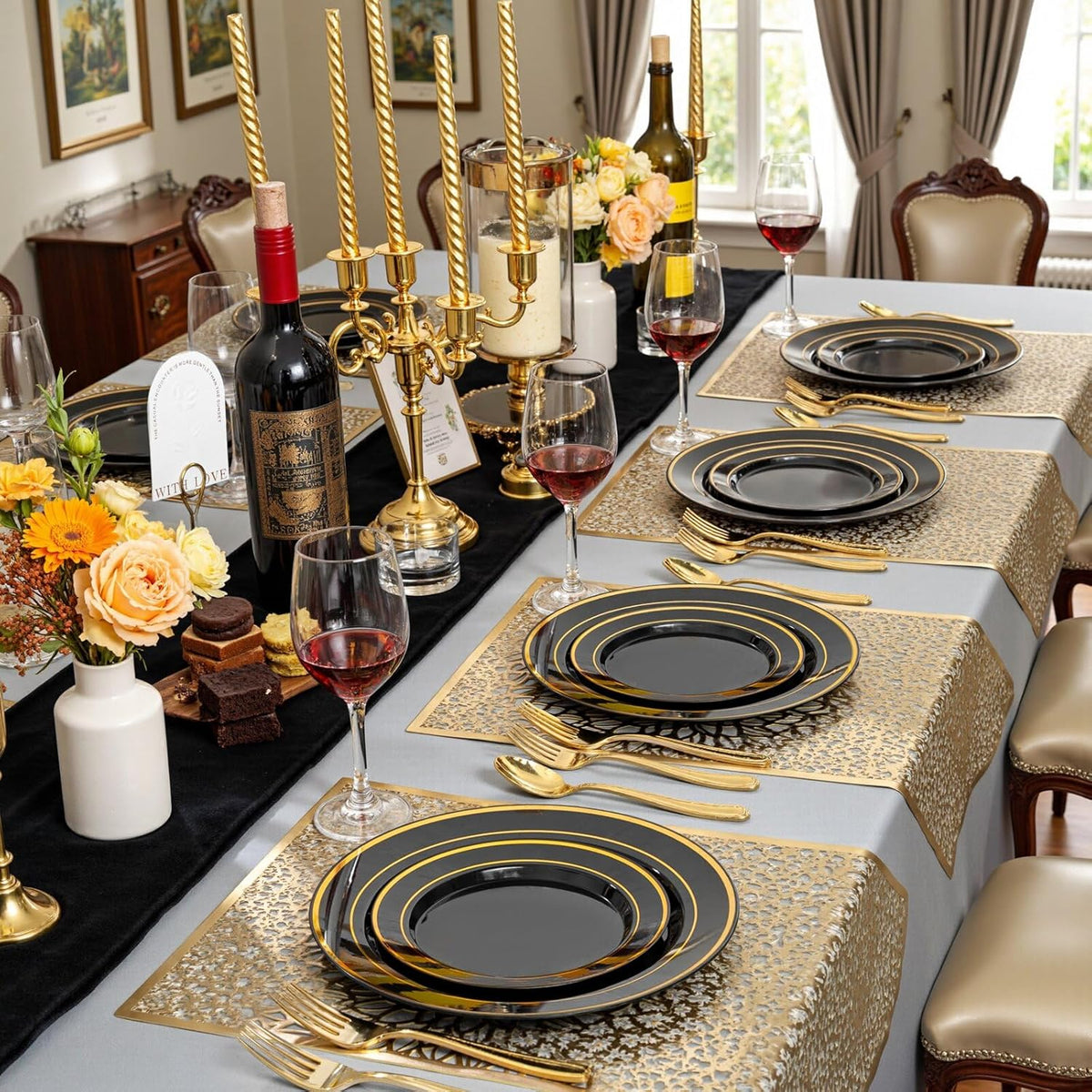 WDF 200PCS Black and Gold Plastic Plates - Black Plates Disposable for Party - Heavy Duty Plastic Plate for New Year