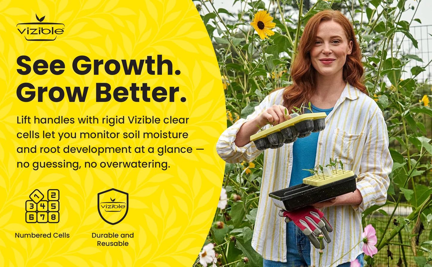 Vizible 16-Cell Seed Starting Tray Caddy | Reuseable Clear Cell Design | Perfect for Vegetables Including Tomatoes and Peppers, Flowers and Herbs (Cosmos Yellow)